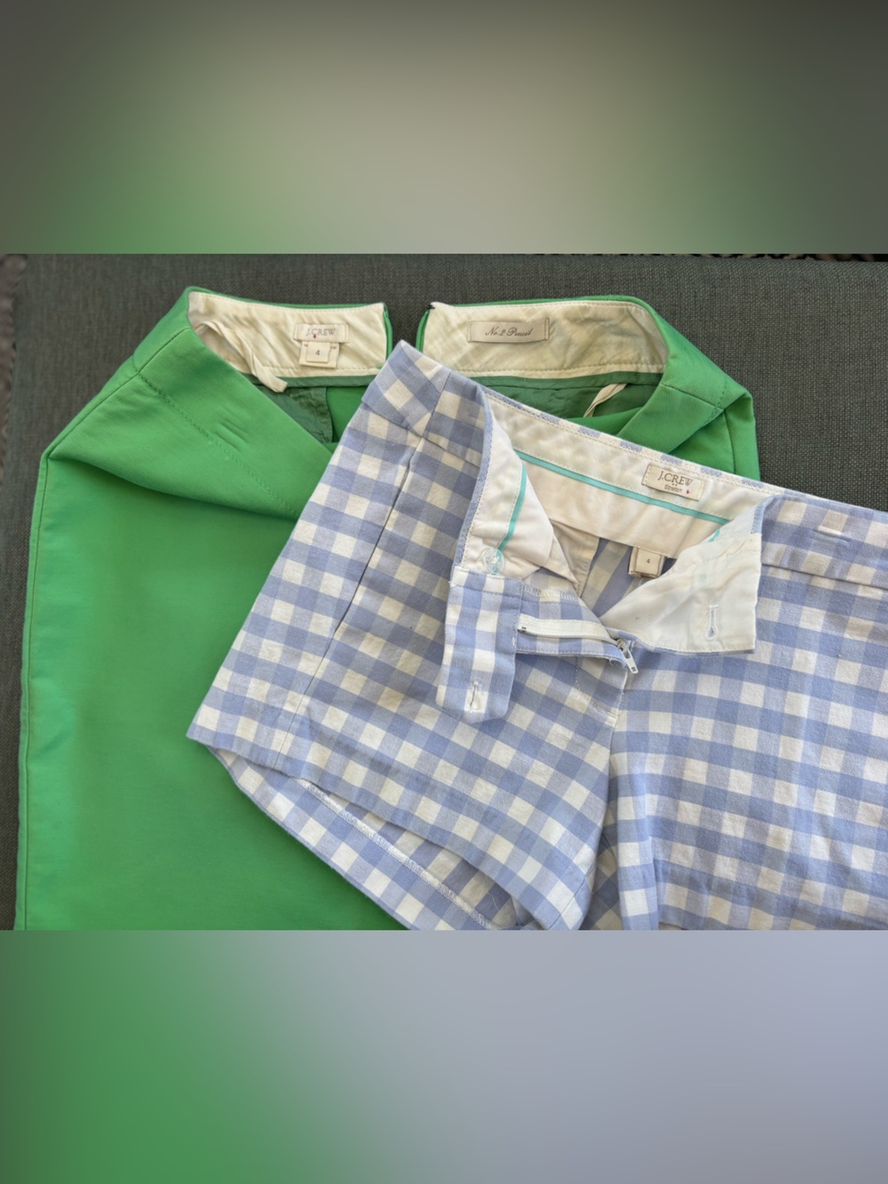 J. Crew Green Pencil Skirt with Light Blue/White Gingham Shorts - Picture 2 of 10